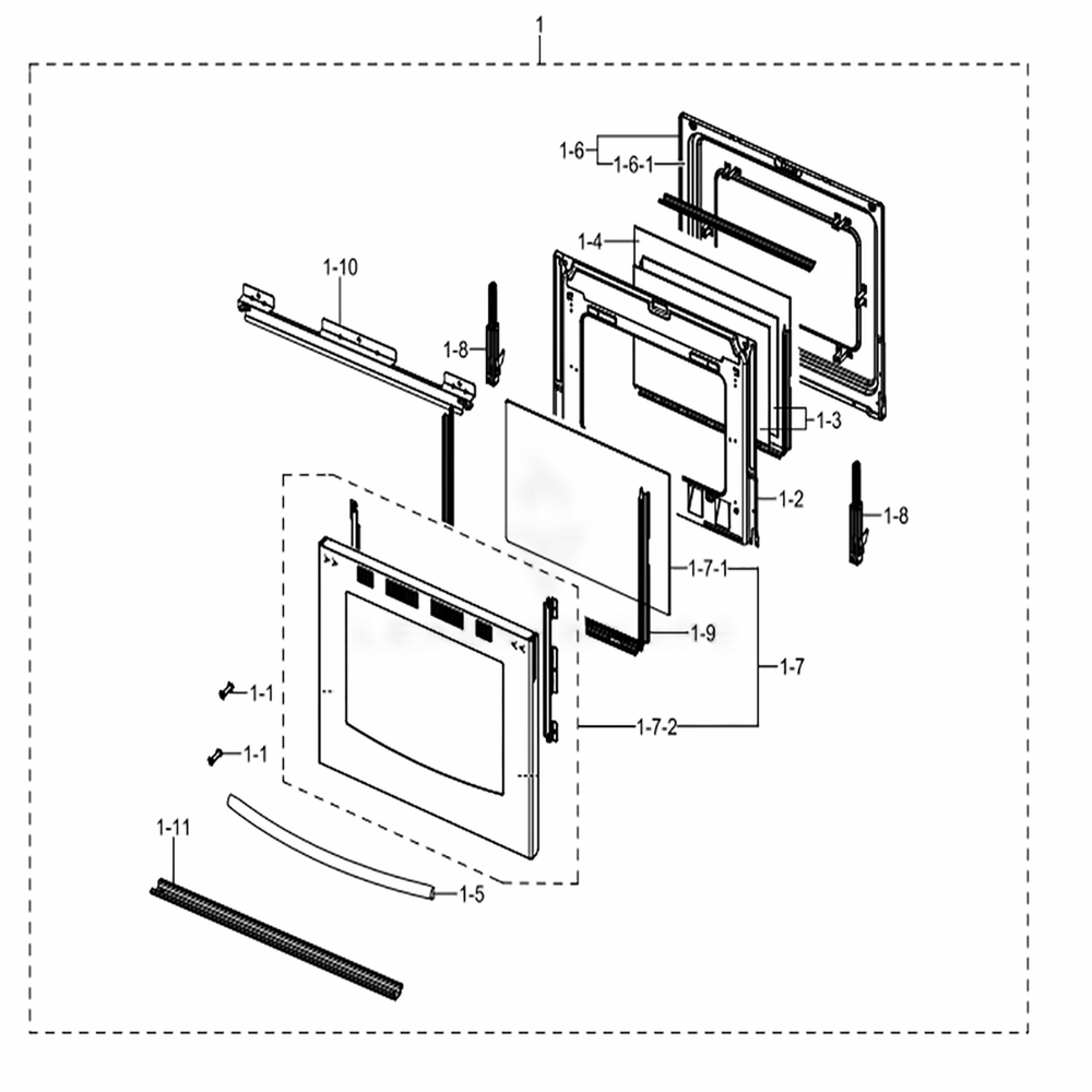 Assembly Door Diagram and Parts List for NX58J5600SG (AA)(0001) Samsung Range