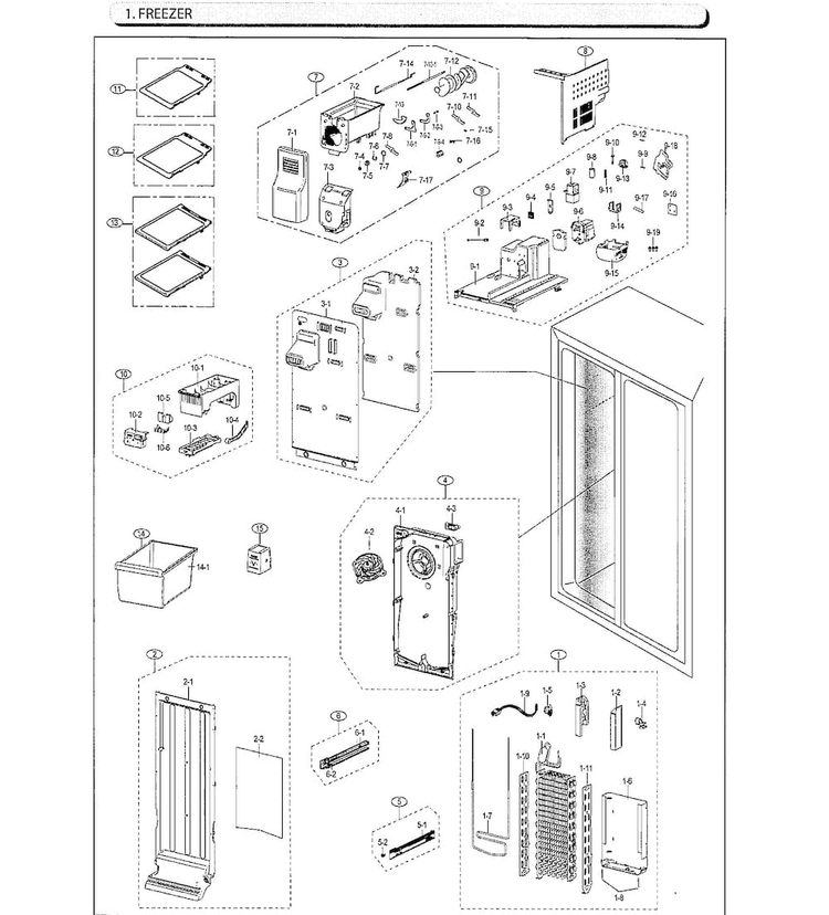 Freezer Diagram and Parts List for RS25J500DSG AA-0001 Samsung Refrigerator