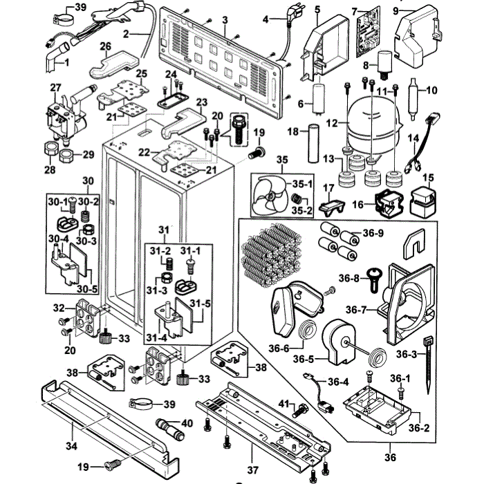 Cabinet Diagram and Parts List for RS2556BB XAA-00 Samsung Refrigerator