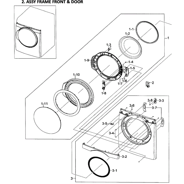 Front / Door Assembly Diagram and Parts List for DV448AGW XAA-01 Samsung Dryer