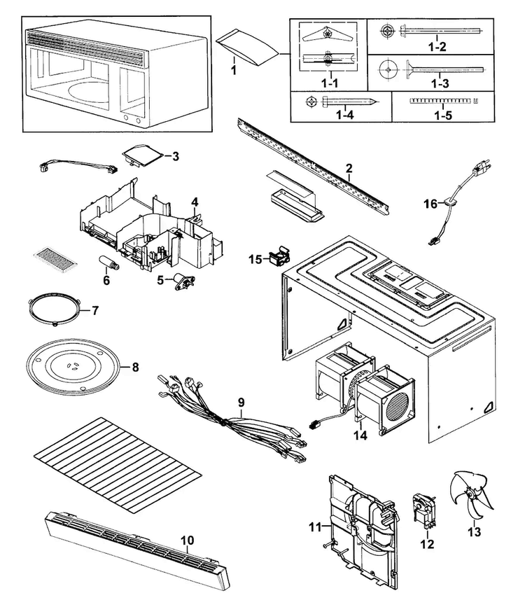 Cabinet 1 Diagram and Parts List for SMH9151B XAA-0000 Samsung Microwave