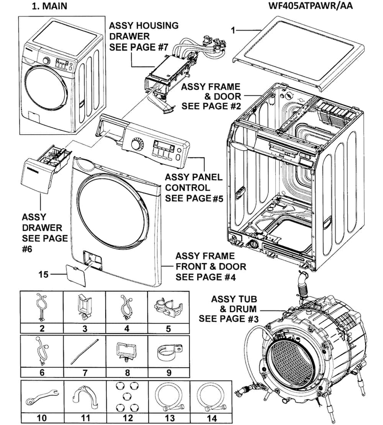 Main Assy Diagram and Parts List for WF405ATPAWR AA-0000 Samsung Washer