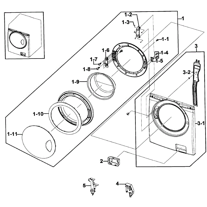 Front Assembly Diagram and Parts List for WF219ANB XAA-00 Samsung Washer