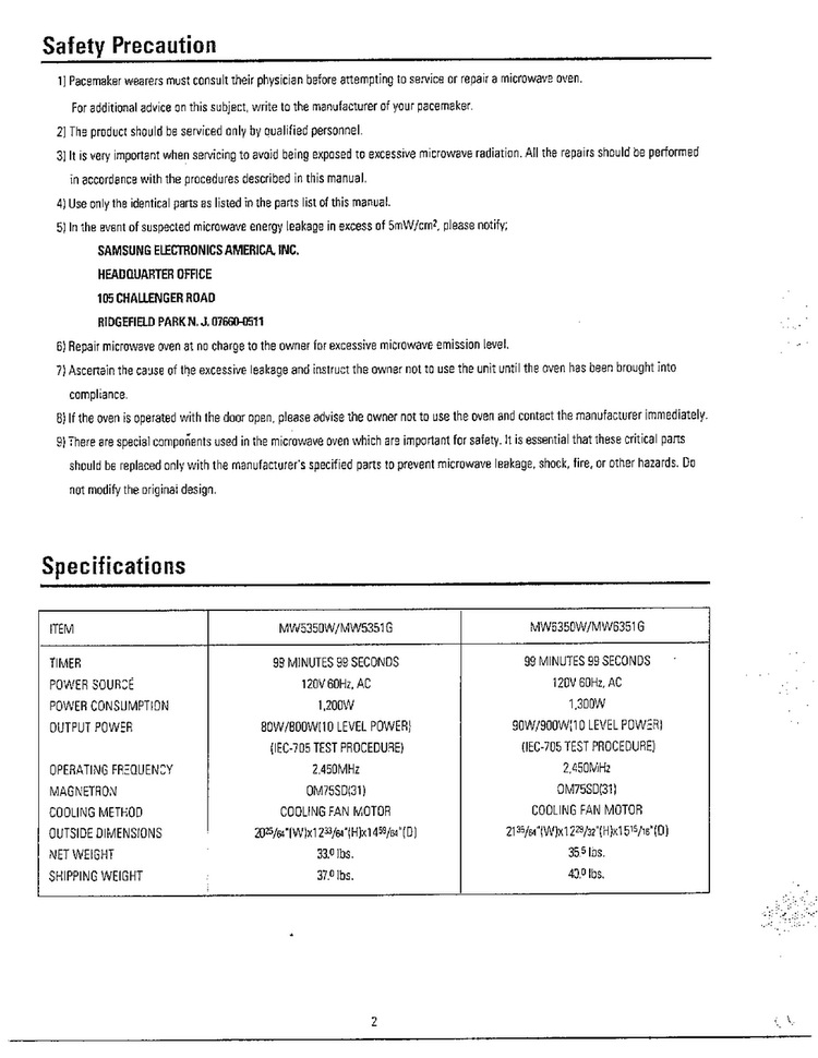 Safety Precautions/specifications Diagram and Parts List for MW6350W XAA Samsung Microwave