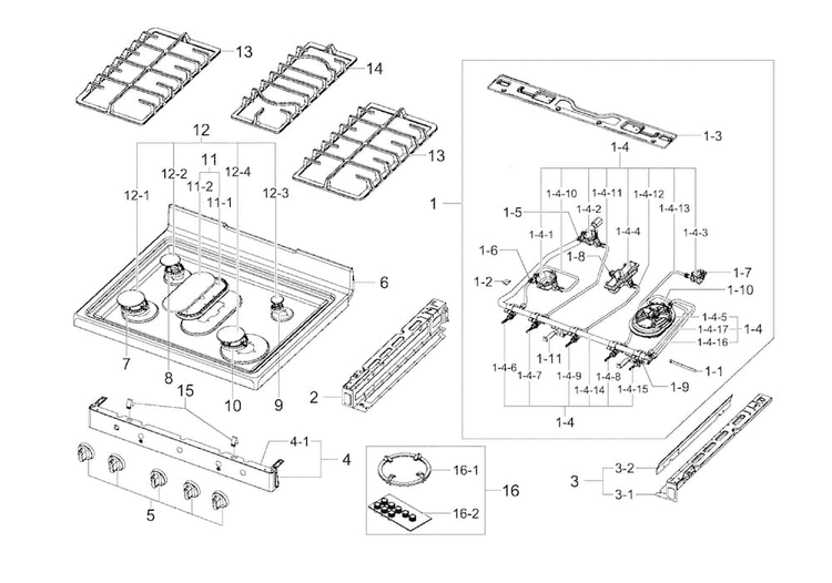 Cook Top Assy Diagram and Parts List for NX58F5700WS AA-0000 Samsung Range