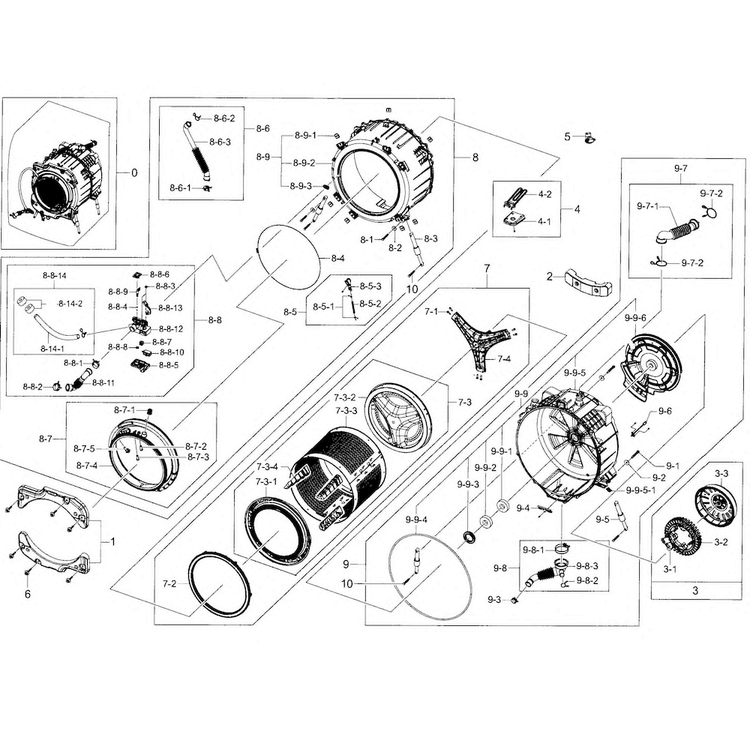 Tub & Drum Diagram and Parts List for WF42H5400AW A2-0000 Samsung Washer