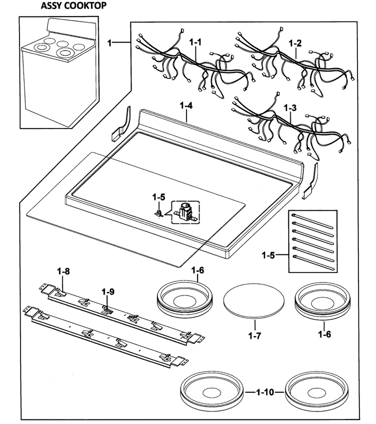 Cooktop Assy Diagram and Parts List for FTQ352IWUW XAA-0002 Samsung Range