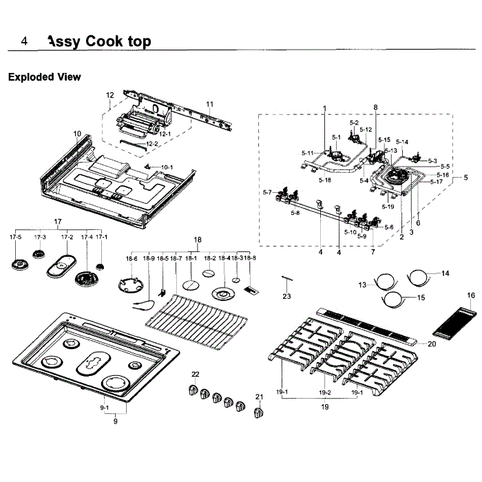 Cooktop Diagram and Parts List for NX58K9852SG AA-00 Samsung Range