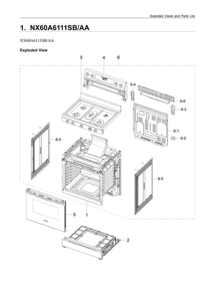 Main Assembly Diagram and Parts List for NX60A6111SB AA-00 Samsung Range