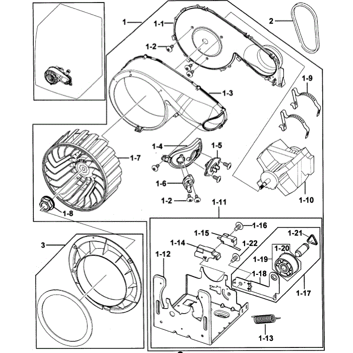 Motor Assembly Diagram and Parts List for DV218AEB XAA-00 Samsung Dryer