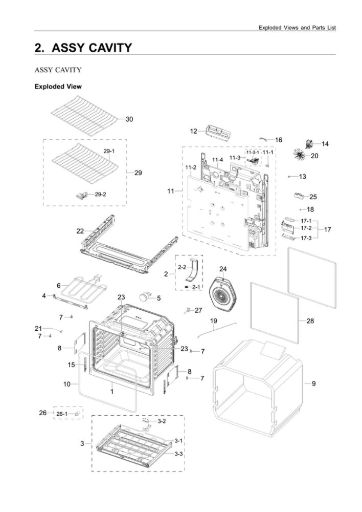 Cavity Assembly Diagram and Parts List for NE63A6511SB AA-00 Samsung Range