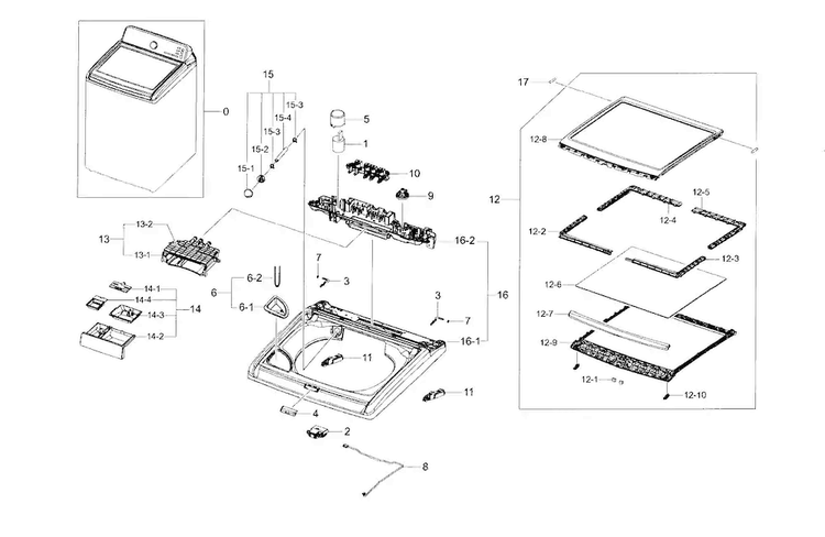 Cover Top Diagram and Parts List for WA45H7000AW A2-0001 Samsung Washer