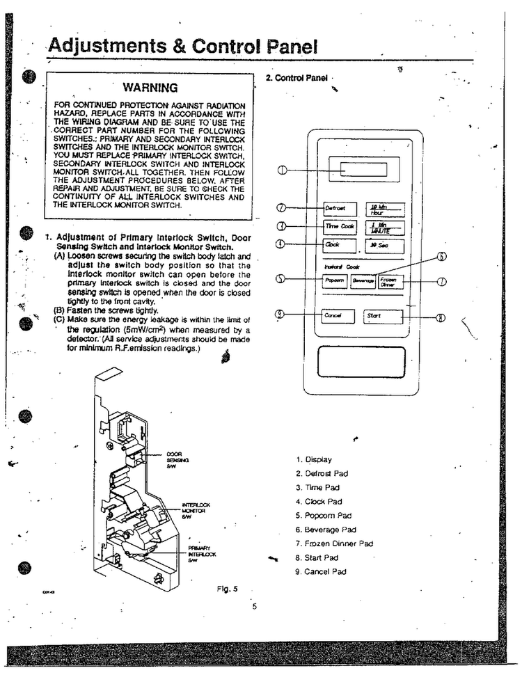 Adjustments/control Panel Diagram and Parts List for MW3530W XAA Samsung Microwave