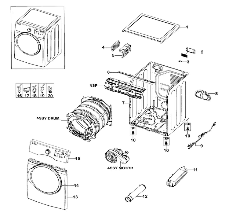 Main Assy Diagram and Parts List for DV330AEB XAA-0002 Samsung Dryer