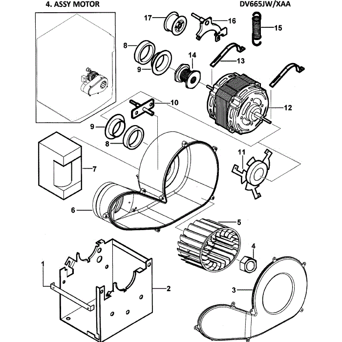 Motor Assembly Diagram and Parts List for DV665JW XAA-00 Samsung Dryer