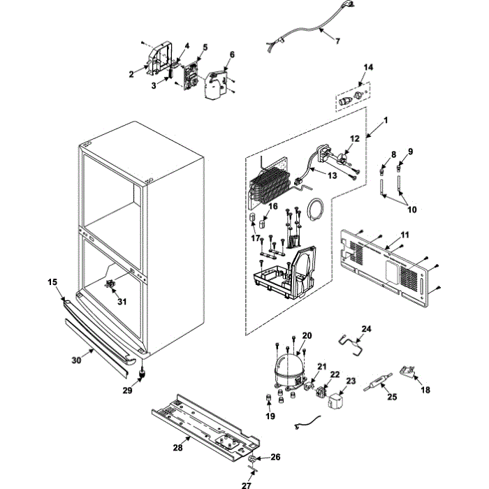 Machine Compartment And Cabinet Back Diagram and Parts List for RB195BSSB XAA-00 Samsung Refrigerator