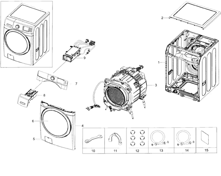Main Section Diagram and Parts List for WF45H6300AG A2-0001 Samsung Washer