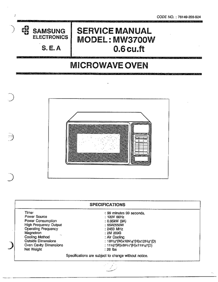 Microwave Oven/service Manual Diagram and Parts List for MW3700W XAA Samsung Microwave