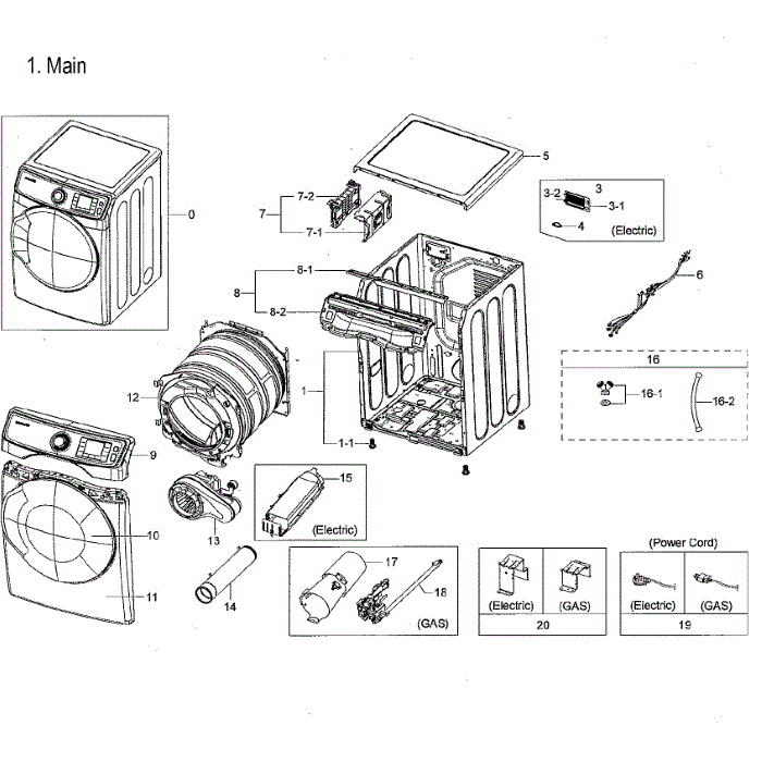 Main Assembly Diagram and Parts List for DVE45M5500Z A3-00 Samsung Dryer