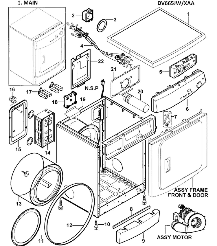 Main Assy Diagram and Parts List for DV665JW XAA-0000 Samsung Dryer