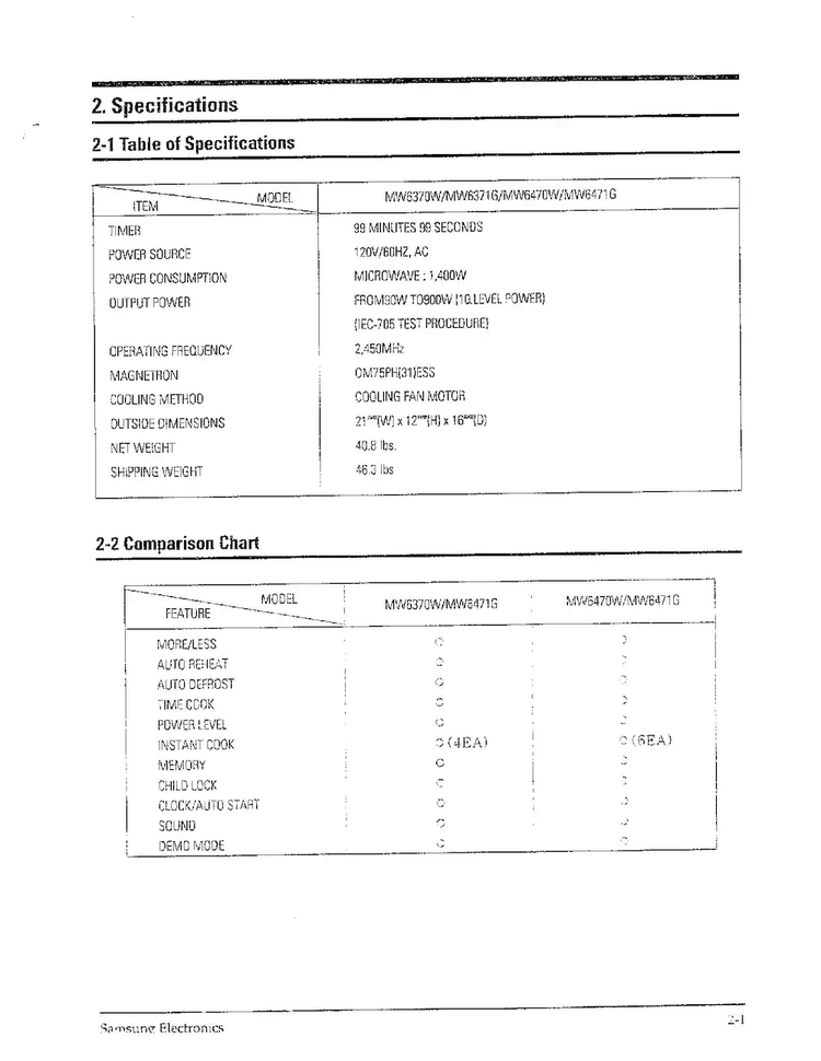 Specifications Diagram and Parts List for MW6470W XAA Samsung Microwave