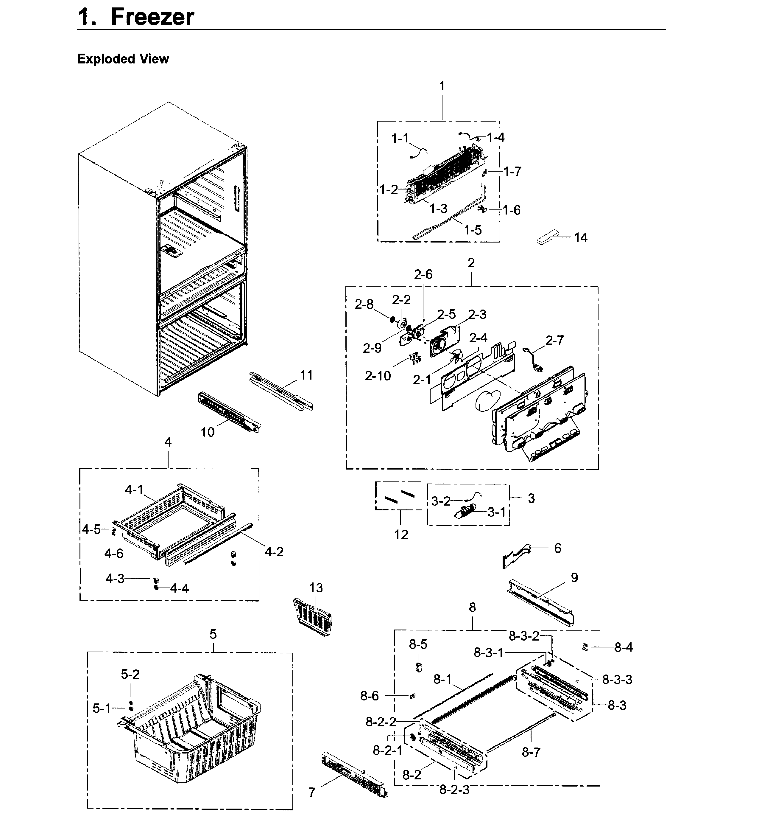 Freezer Diagram and Parts List for RF30KMEDBSR AA-0001 Samsung Refrigerator