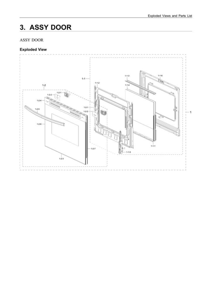 Door Assembly Diagram and Parts List for NX60T8311SS AA-04 Samsung Range