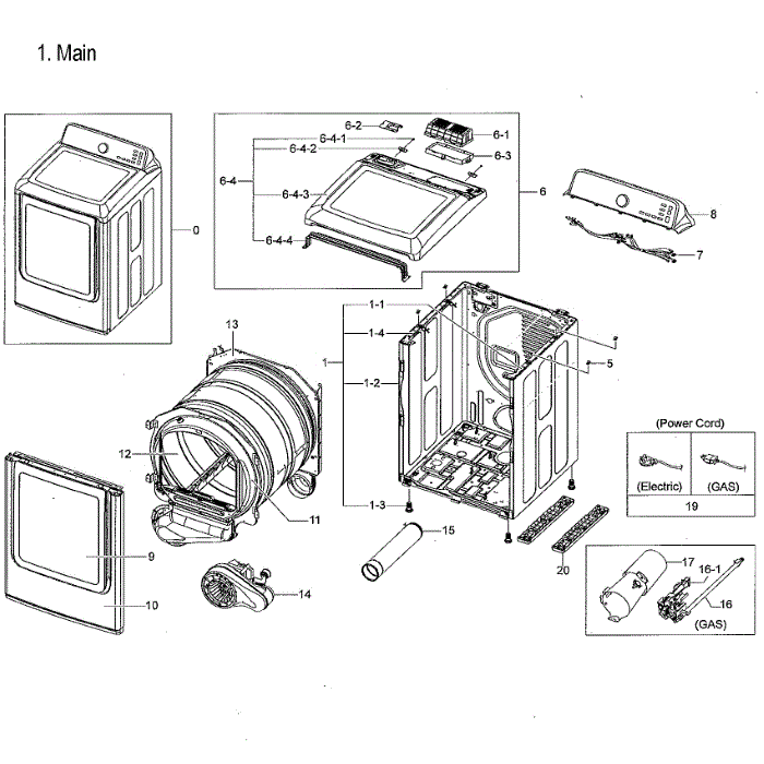 Main Assembly Diagram and Parts List for DVG50M7450P A3-00 Samsung Dryer
