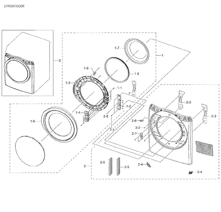 Frame Front & Door Diagram and Parts List for DV42H5000GW A3-0002 Samsung Dryer