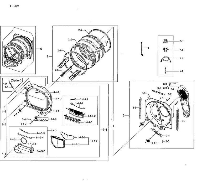 Drum Parts Diagram and Parts List for DV48J7700GW A2-0001 Samsung Dryer