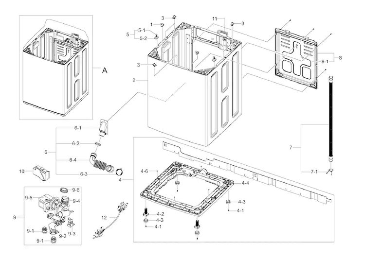 Frame Assy Diagram and Parts List for WA50F9A7DSW A2-0000 Samsung Washer
