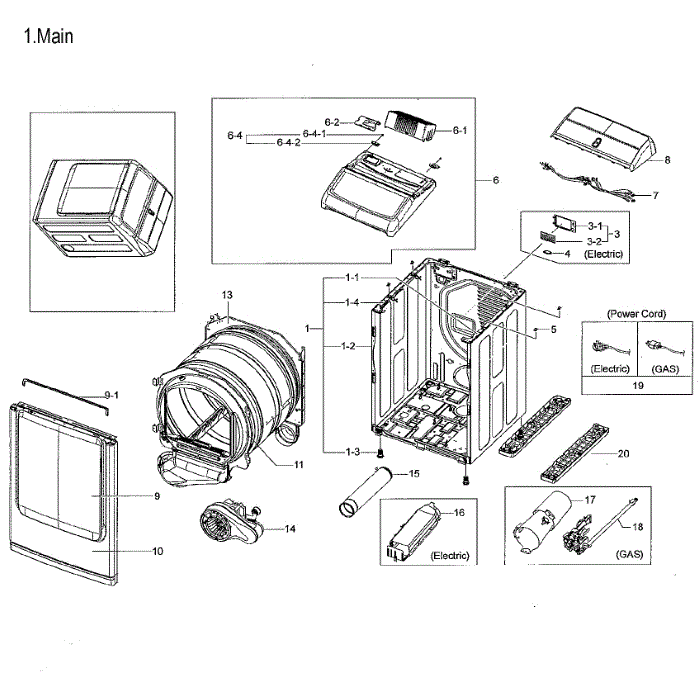 Main Assembly Diagram and Parts List for DVE52M8650W A3-00 Samsung Dryer