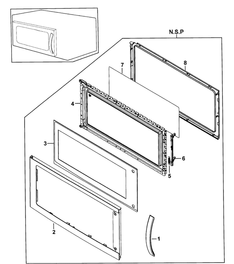 Door Assy Diagram and Parts List for SMH9151W XAA-0000 Samsung Microwave