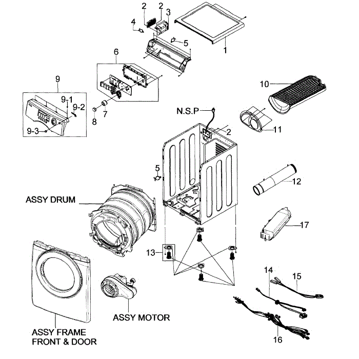 Main Assembly Diagram and Parts List for DV206AES XAA-00 Samsung Dryer