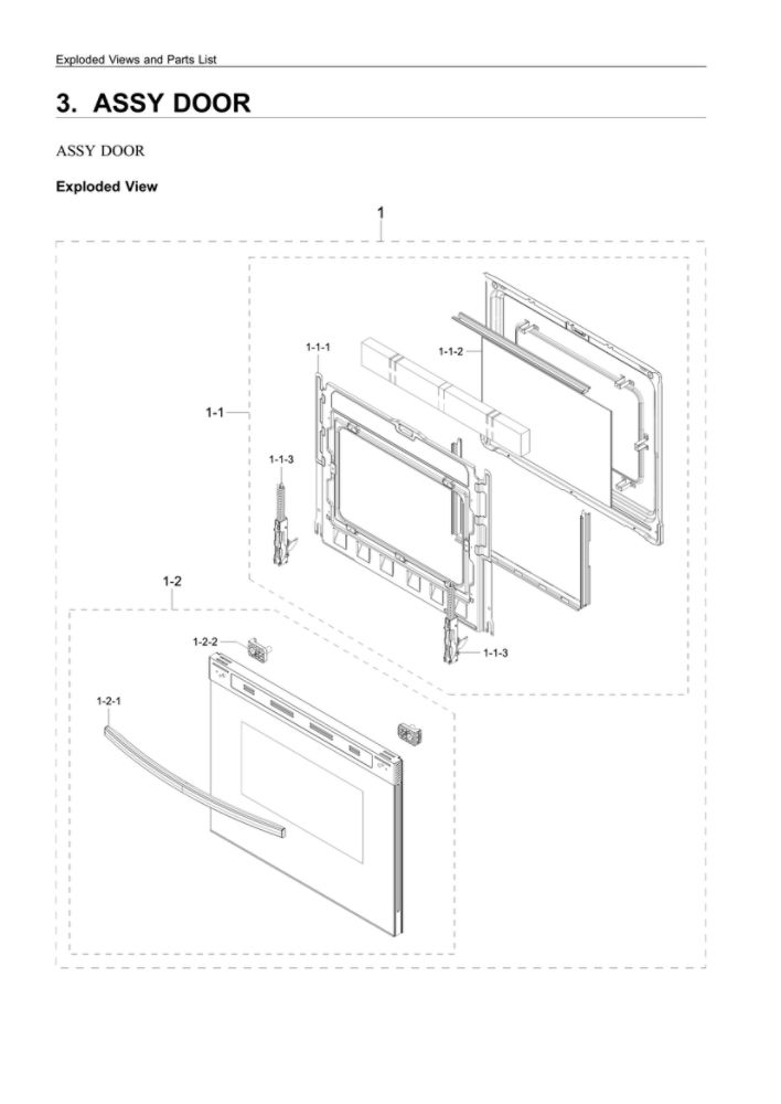 Door Assembly Diagram and Parts List for NE63A6111SB AA-00 Samsung Range