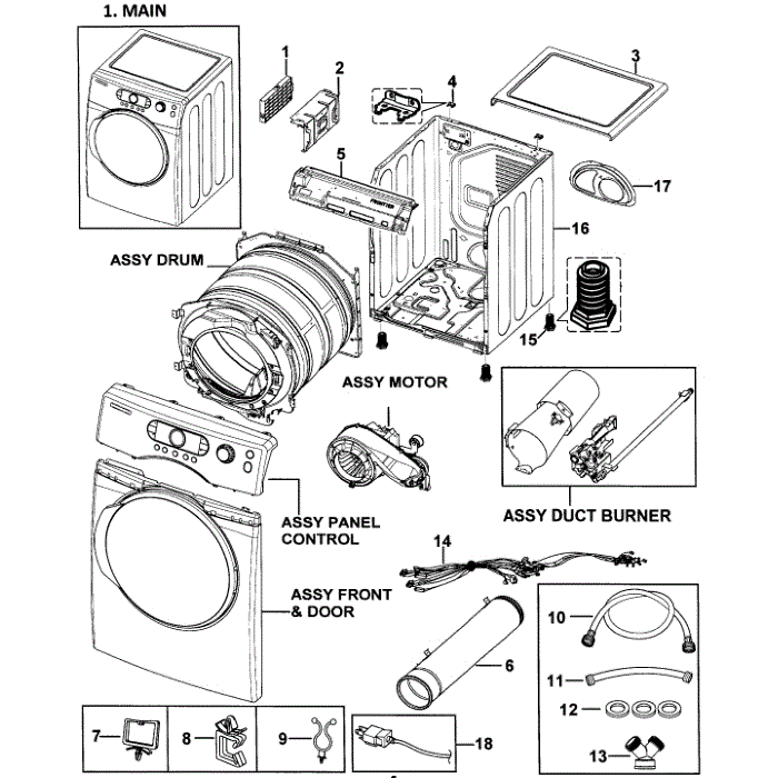 Main Assembly Diagram and Parts List for DV338AGB XAA-00 Samsung Dryer