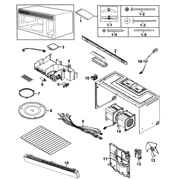 Cabinet 1 Diagram and Parts List for SMH9151B XAA-00 Samsung Microwave Oven Combo