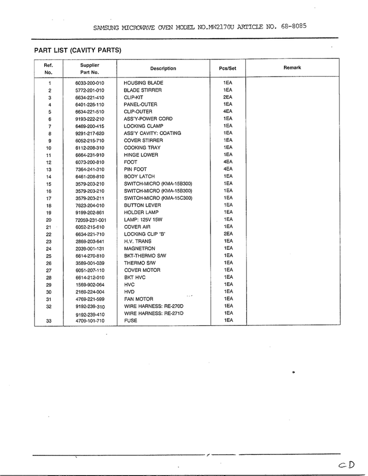 Complete Microwave Assembly Page 4 Diagram and Parts List for MW2170U XAA Samsung Microwave