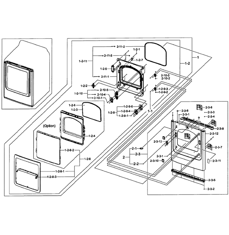 Front/door Assy Diagram and Parts List for DV50F9A8GVW A2-0001 Samsung Dryer