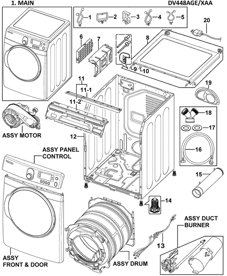 Main Assy Diagram and Parts List for DV448AGE XAA-0000 Samsung Dryer