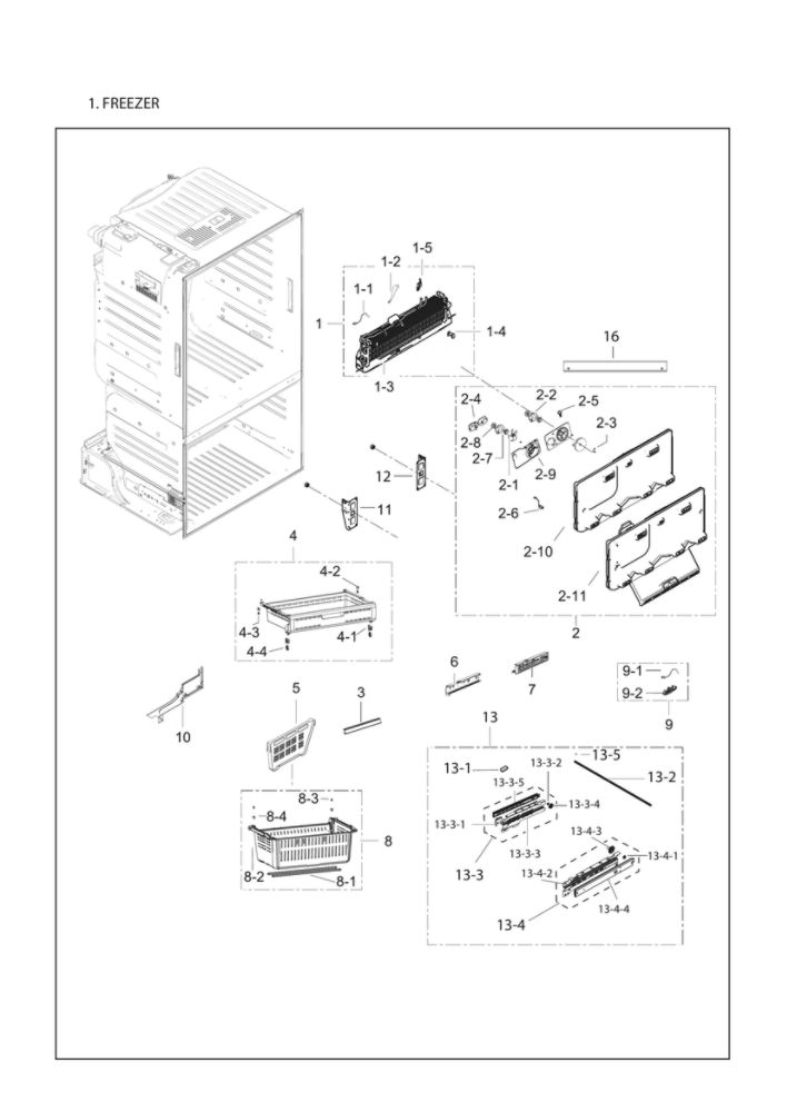 Freezer Parts Diagram and Parts List for RF25HMEDBSR AA-13 Samsung Refrigerator