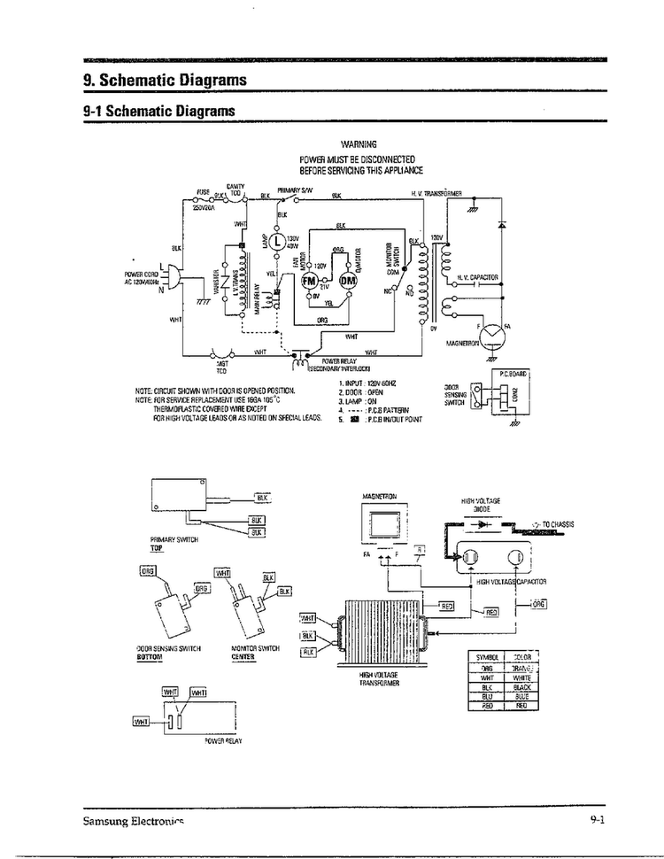 Schematic Diagram Diagram and Parts List for MW6470W XAA Samsung Microwave