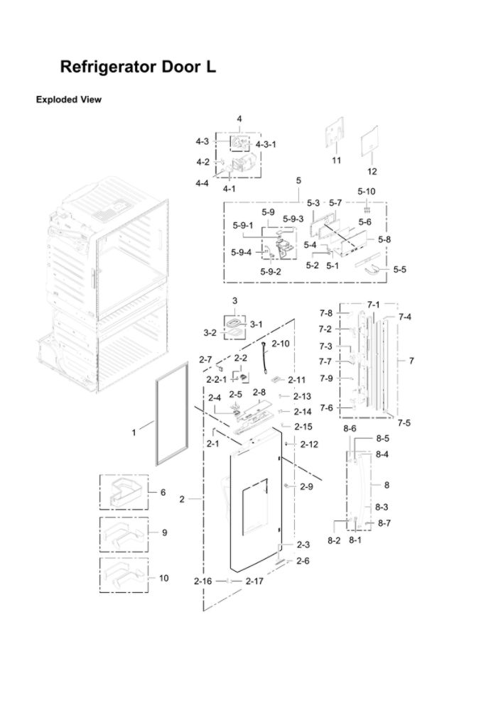 Left Refrigerator Door Parts Diagram and Parts List for RF28JBEDBSG AA-08 Samsung Refrigerator