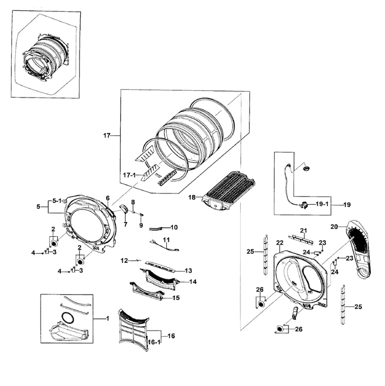 Drum Assy Diagram and Parts List for DV395ETPAWR A1-0000 Samsung Dryer