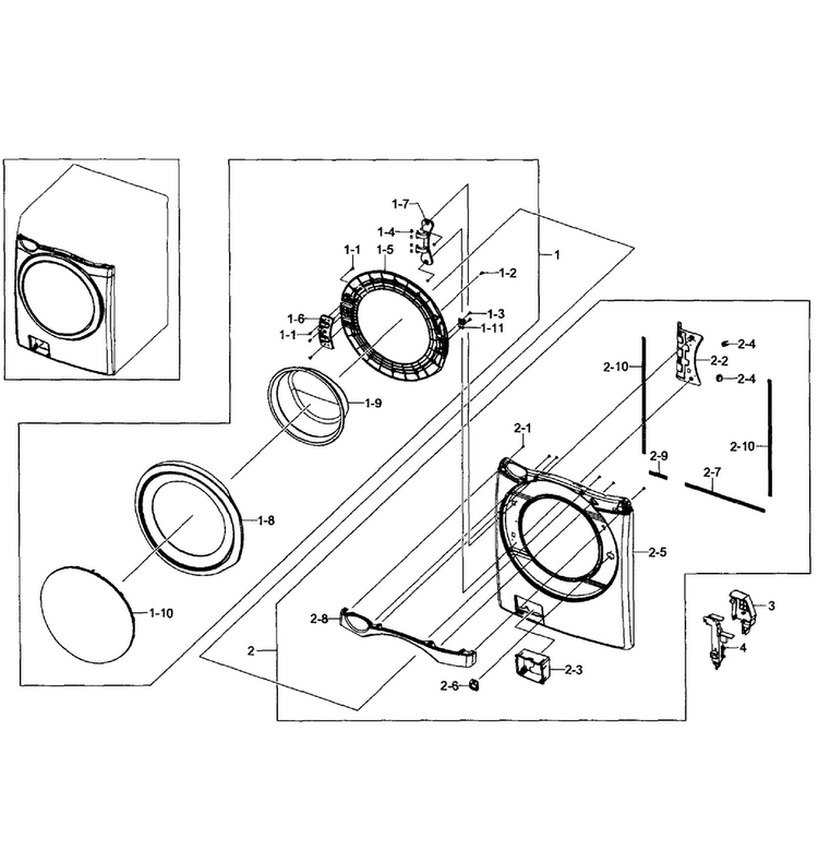 Front/door Assy Diagram and Parts List for WF511ABW XAA-0004 Samsung Washer