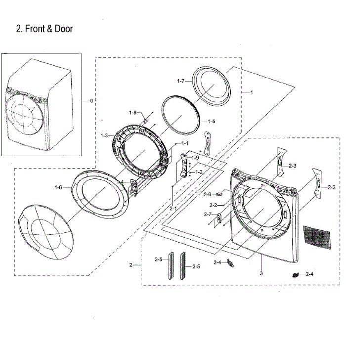 Frame Front And Door Diagram and Parts List for DVE45M5500P A3-00 Samsung Dryer