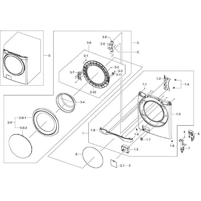 Front / Door Assembly Diagram and Parts List for WF455ARGSGR A2-00 Samsung Washer