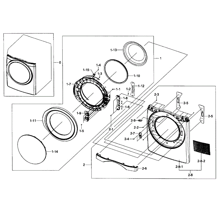 Front Assembly Diagram and Parts List for DV435ETGJRA A1-01 Samsung Dryer