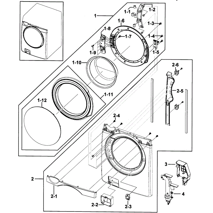 Front Door Diagram and Parts List for WF431ABW XAA-00 Samsung Washer