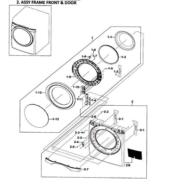 Front / Door Assembly Diagram and Parts List for DV511AGR XAA-01 Samsung Dryer